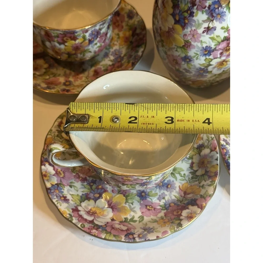 James Kent Dubarry Chintz Large Creamer 4 Cups & Saucers England 9 Pc